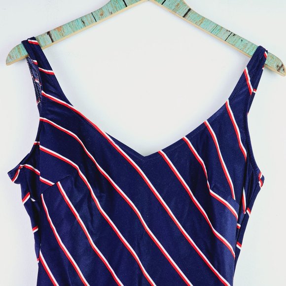 Vtg 1960-70s Striped Teenage Beachwear Corp One Piece Skirted Bathing Suit, 18 - Picture 3 of 9